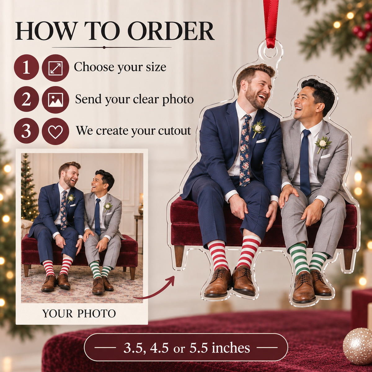 Custom Photo Two Grooms Silly Socks Acrylic Ornament — How to order