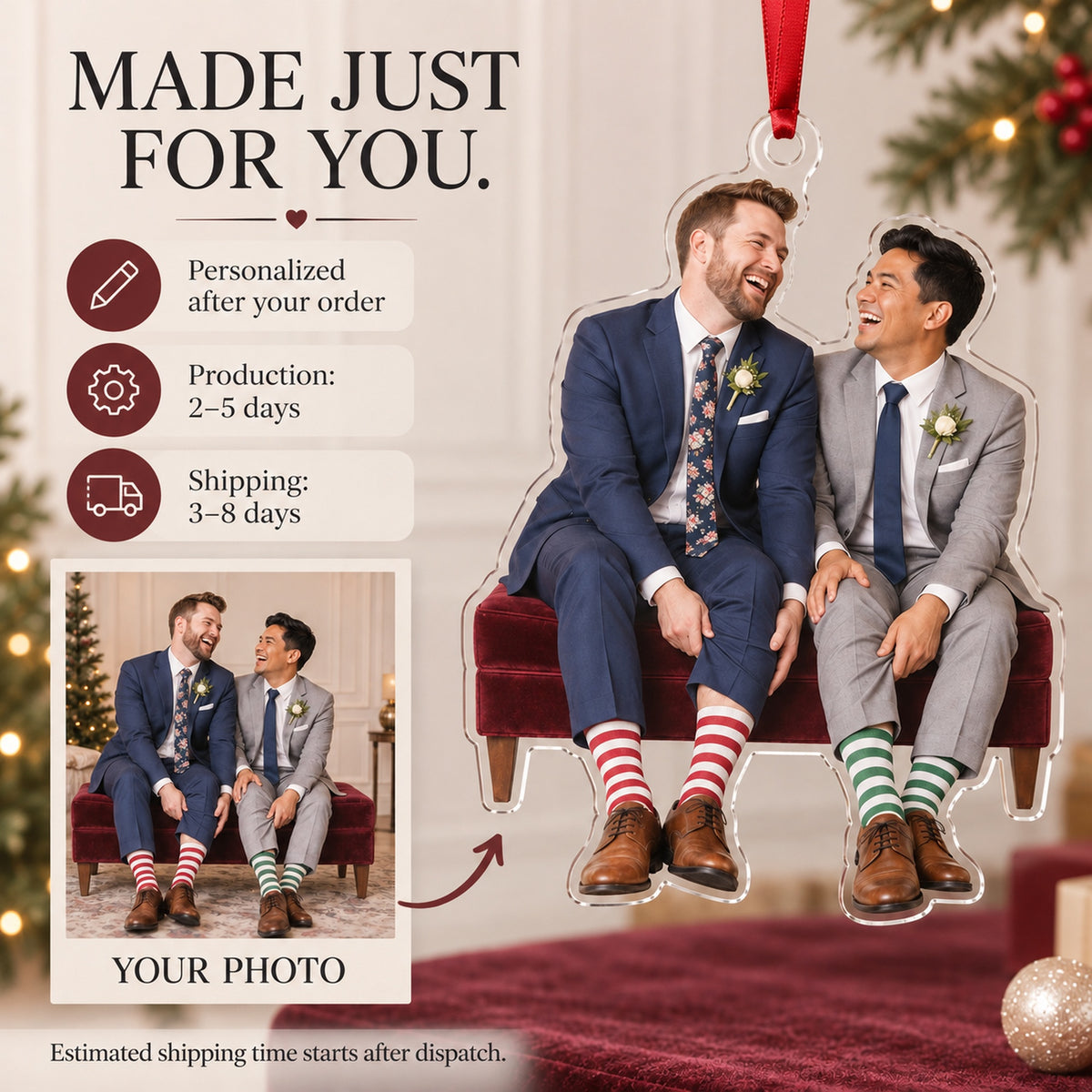Custom Photo Two Grooms Silly Socks Acrylic Ornament — Production and delivery