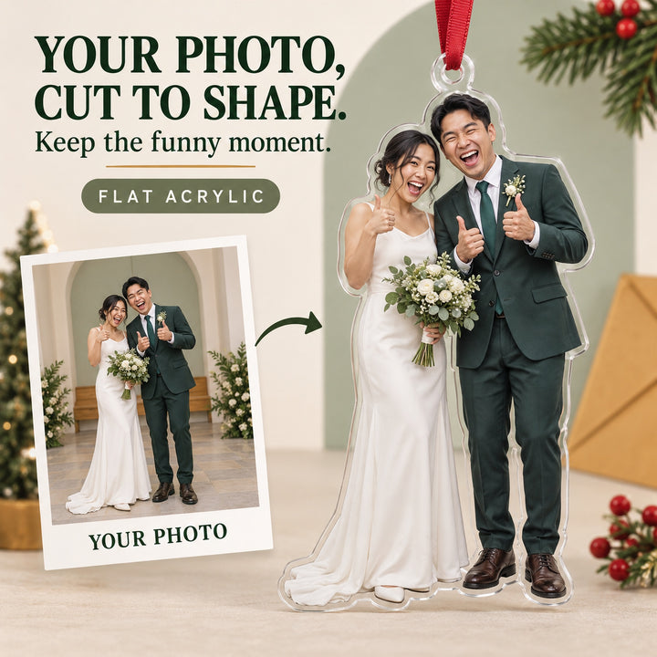 Custom Photo Just Married Thumbs Up Acrylic Ornament — Main design