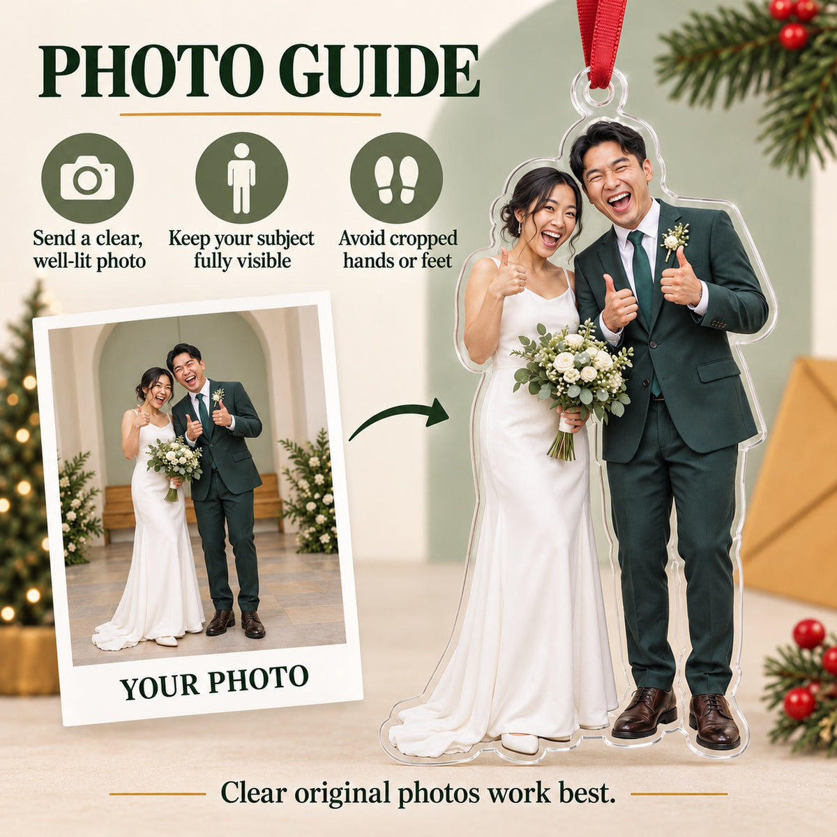 Custom Photo Just Married Thumbs Up Acrylic Ornament — Personalization guide