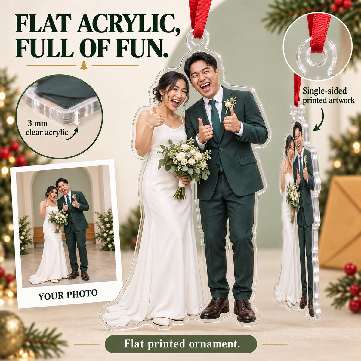 Custom Photo Just Married Thumbs Up Acrylic Ornament — Flat acrylic material