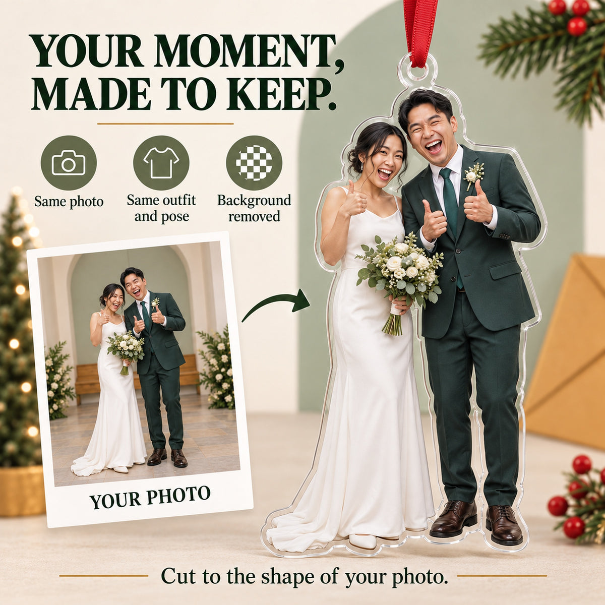 Custom Photo Just Married Thumbs Up Acrylic Ornament — Personalization example