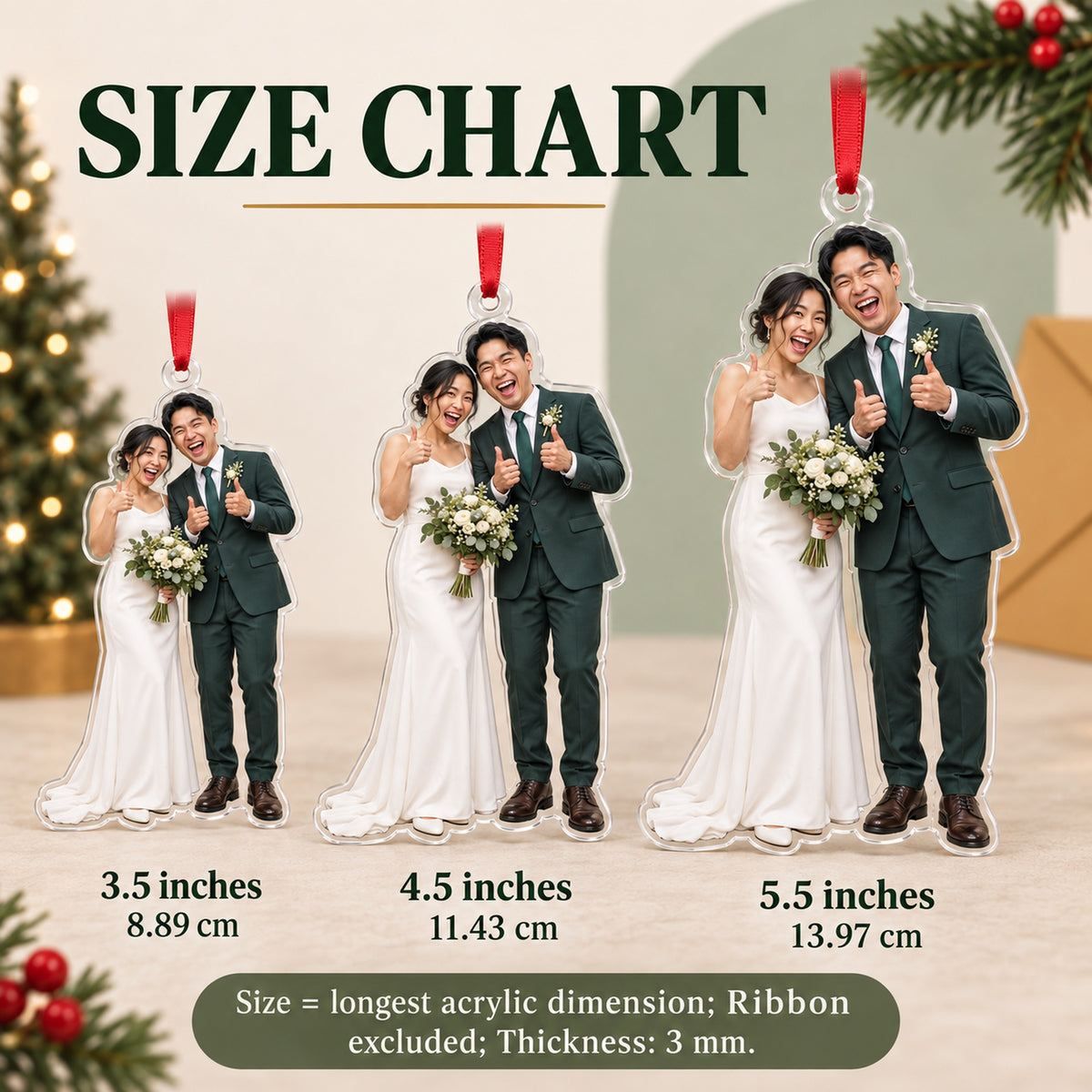Custom Photo Just Married Thumbs Up Acrylic Ornament — Size guide