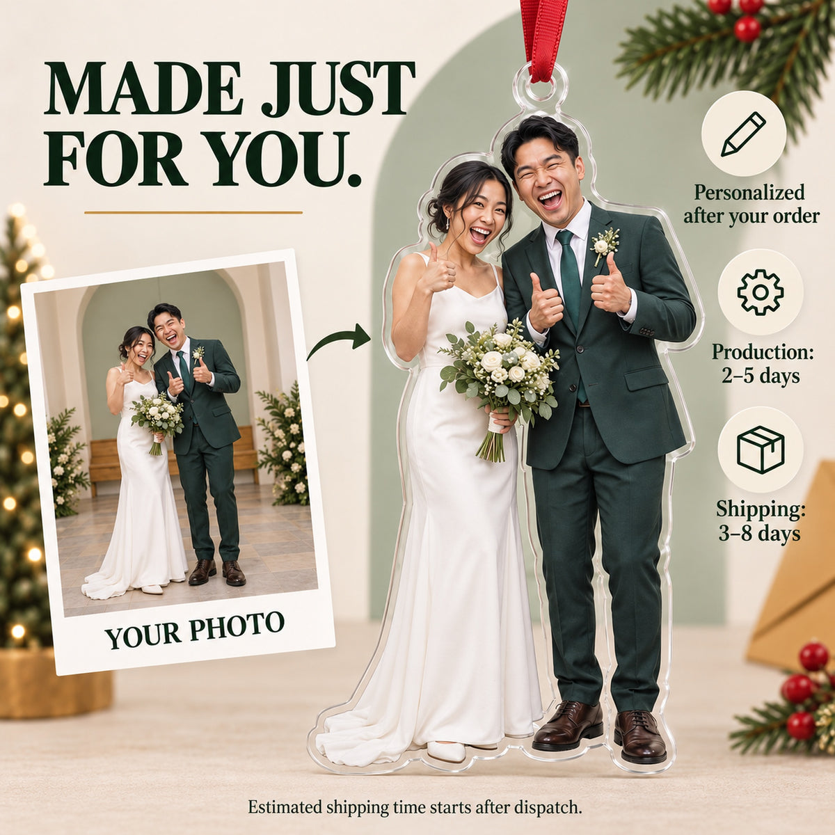 Custom Photo Just Married Thumbs Up Acrylic Ornament — Production and delivery