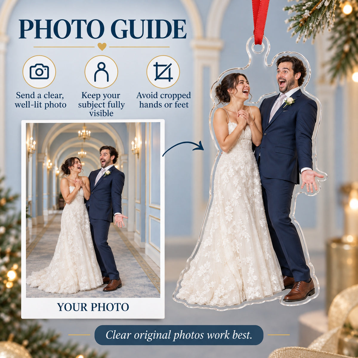 Custom Photo First Look Laugh Acrylic Ornament — Personalization guide