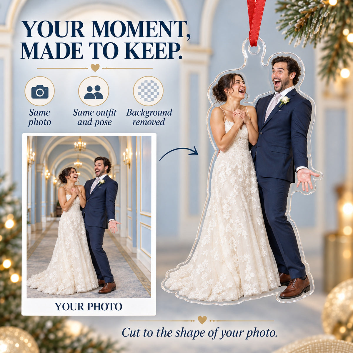 Custom Photo First Look Laugh Acrylic Ornament — Personalization example