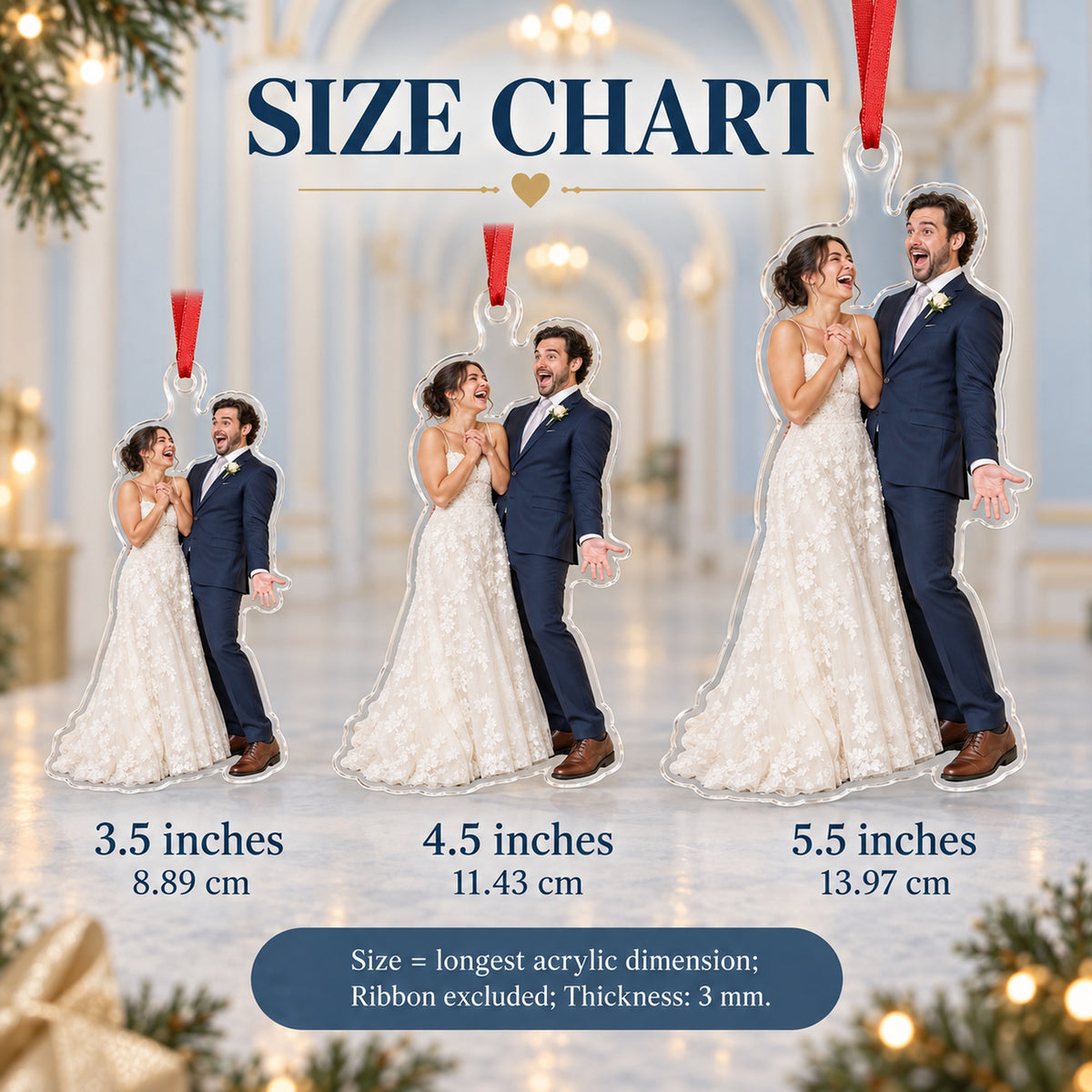 Custom Photo First Look Laugh Acrylic Ornament — Size guide