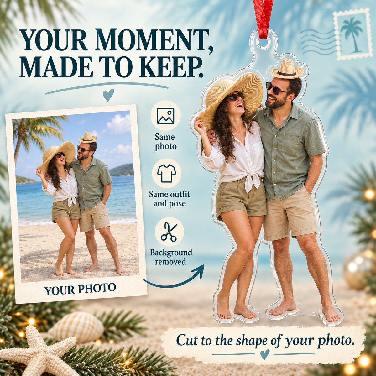 Custom Photo Honeymoon Hat Swap Acrylic Ornament — Personalization example