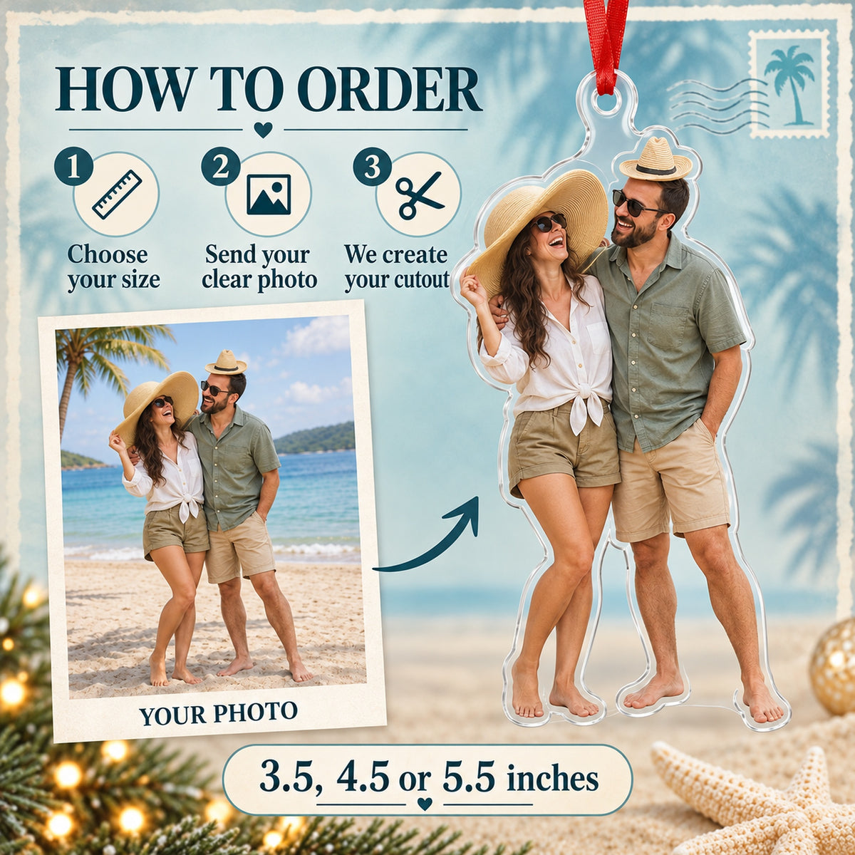 Custom Photo Honeymoon Hat Swap Acrylic Ornament — How to order