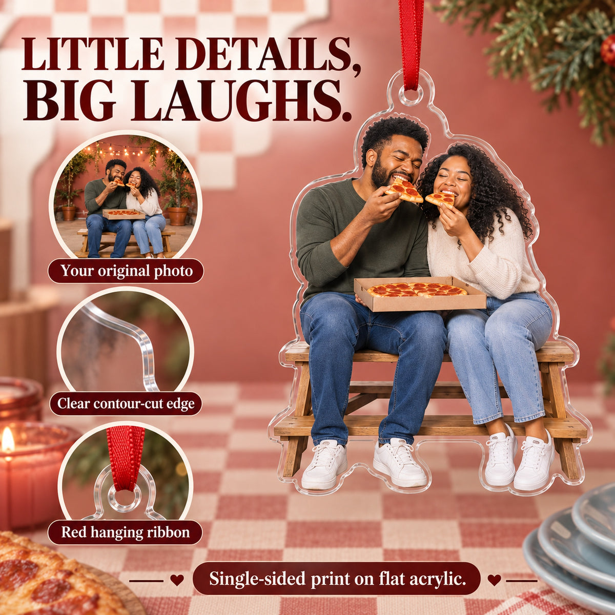 Custom Photo Pizza Date Partners Acrylic Ornament — Product details