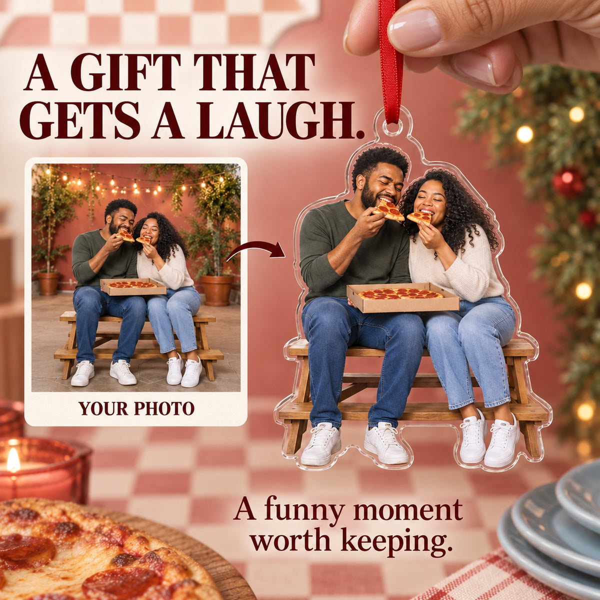Custom Photo Pizza Date Partners Acrylic Ornament — Gift inspiration