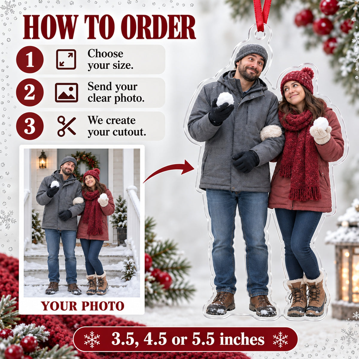 Custom Photo Snowball Truce Acrylic Ornament — How to order