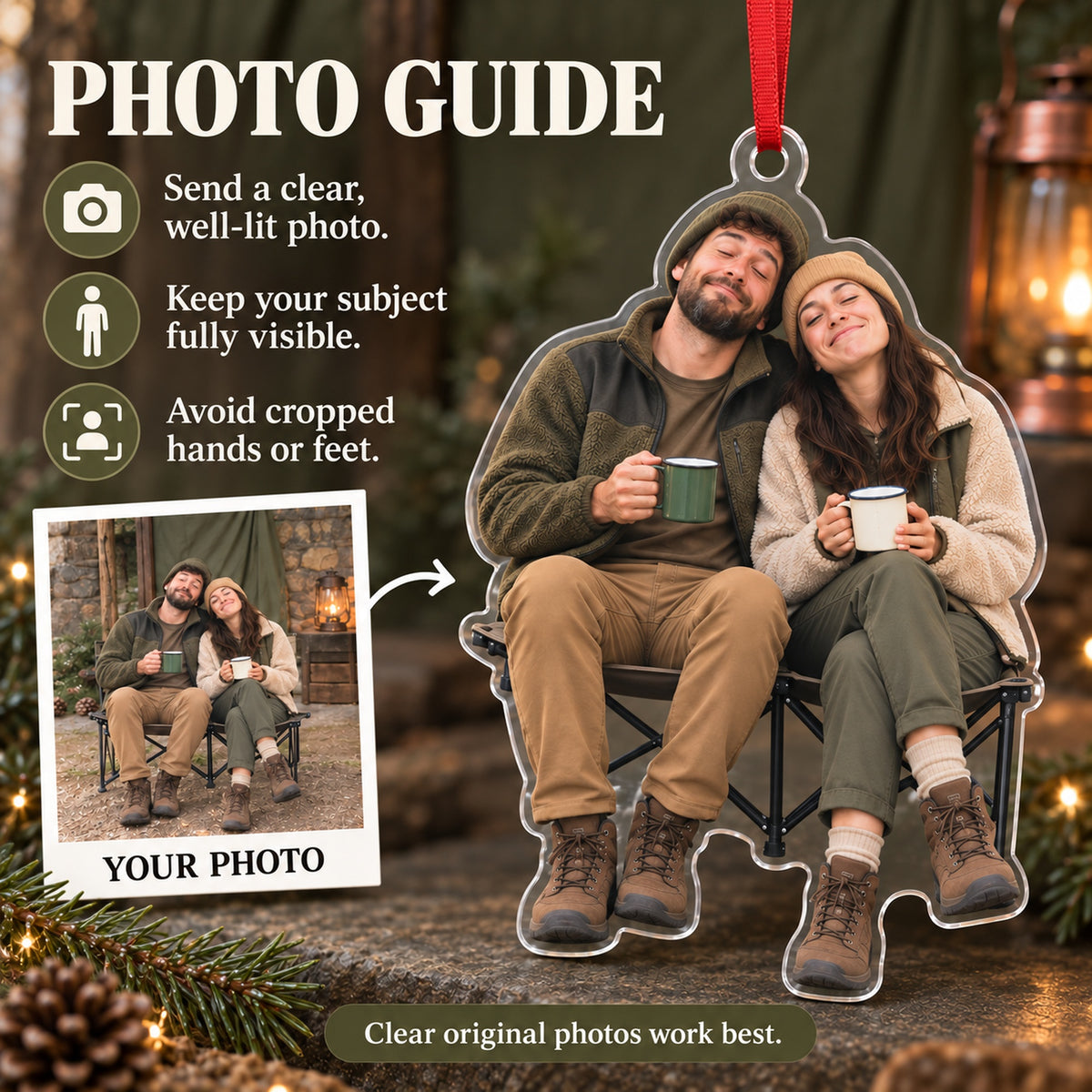 Custom Photo Camping Coffee Faces Acrylic Ornament — Personalization guide