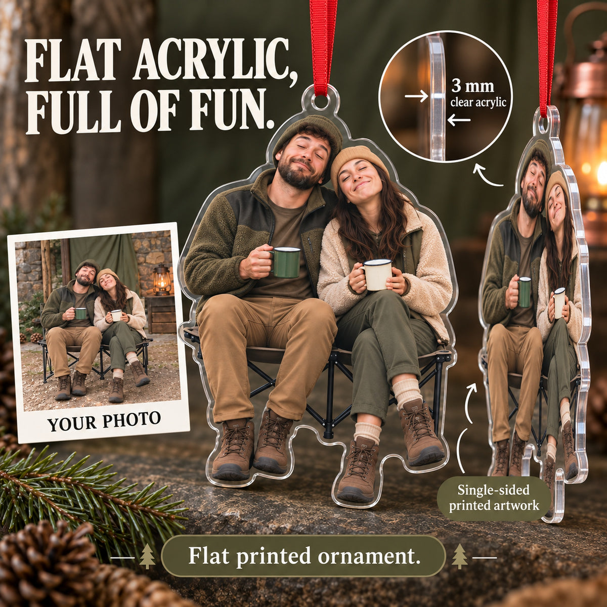 Custom Photo Camping Coffee Faces Acrylic Ornament — Flat acrylic material