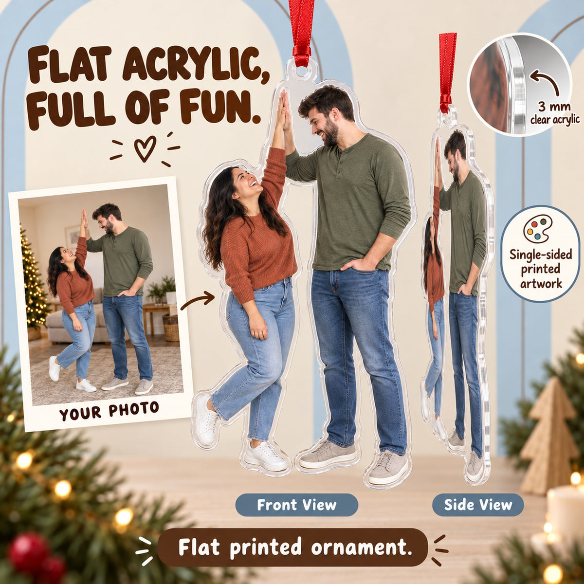 Custom Photo Height Difference High Five Acrylic Ornament — Flat acrylic material