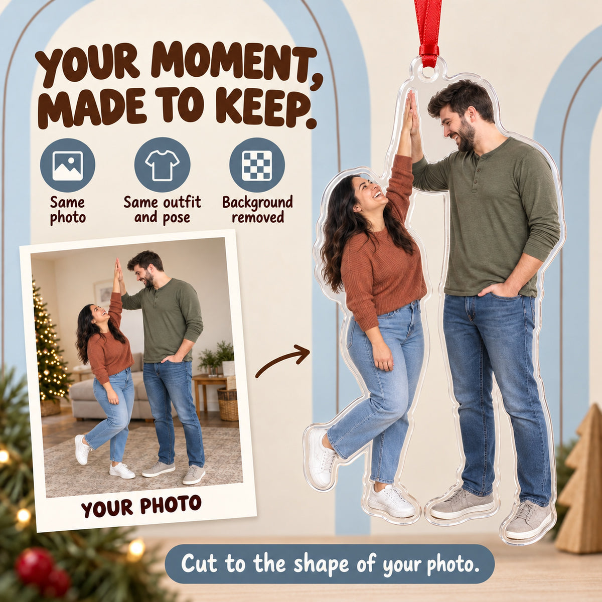 Custom Photo Height Difference High Five Acrylic Ornament — Personalization example