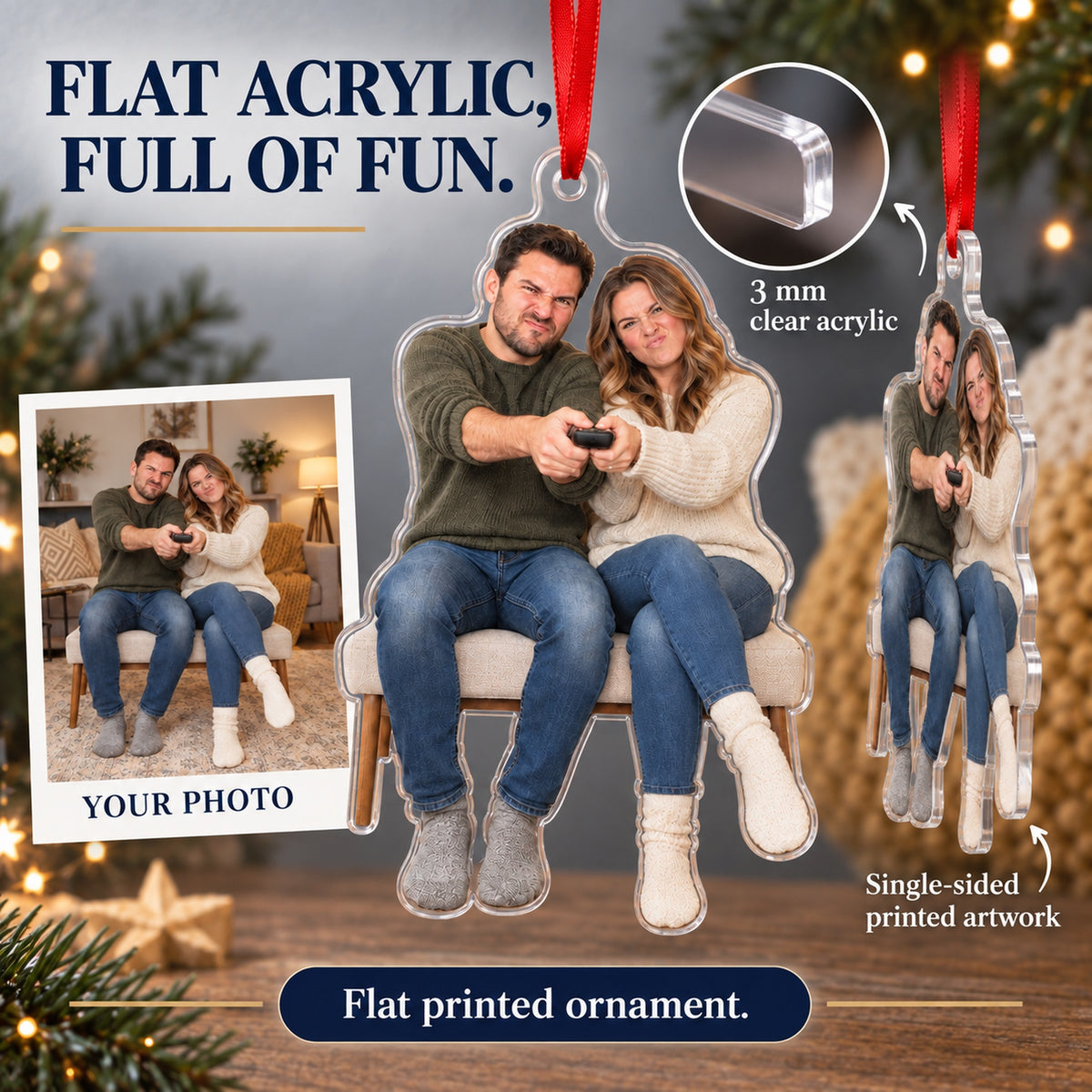 Custom Photo Remote Truce Couple Acrylic Ornament — Flat acrylic material