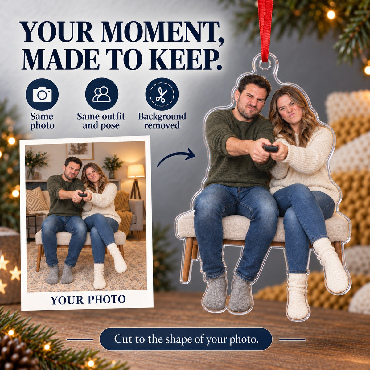 Custom Photo Remote Truce Couple Acrylic Ornament — Personalization example
