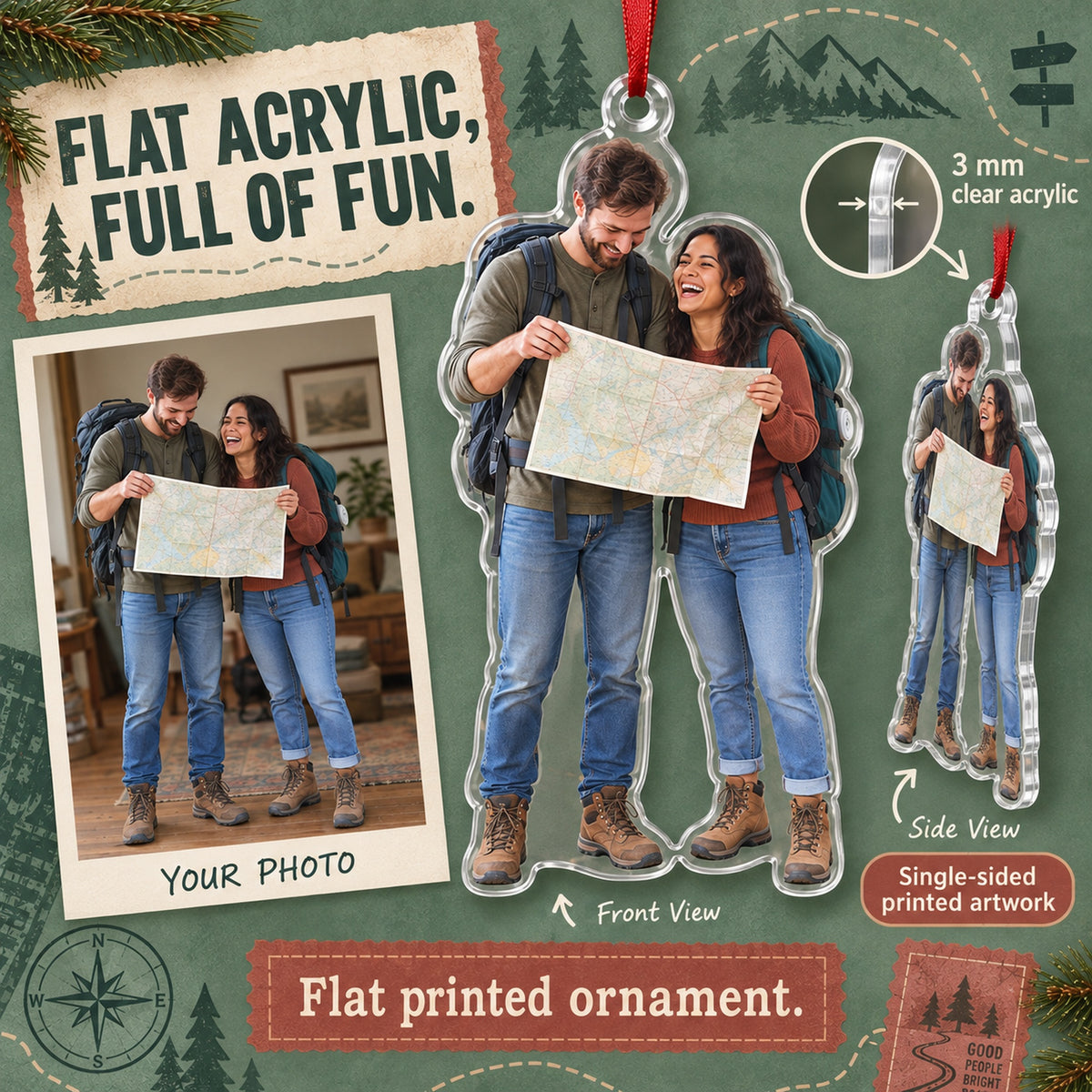 Custom Photo Road Trip Silly Selfie Acrylic Ornament — Flat acrylic material