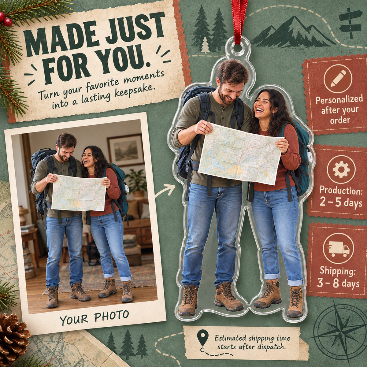 Custom Photo Road Trip Silly Selfie Acrylic Ornament — Production and delivery