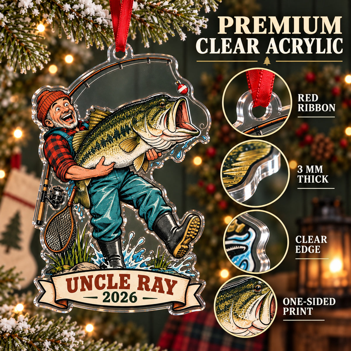 Personalized Funny Giant Bass Catch Acrylic Ornament — Flat acrylic material