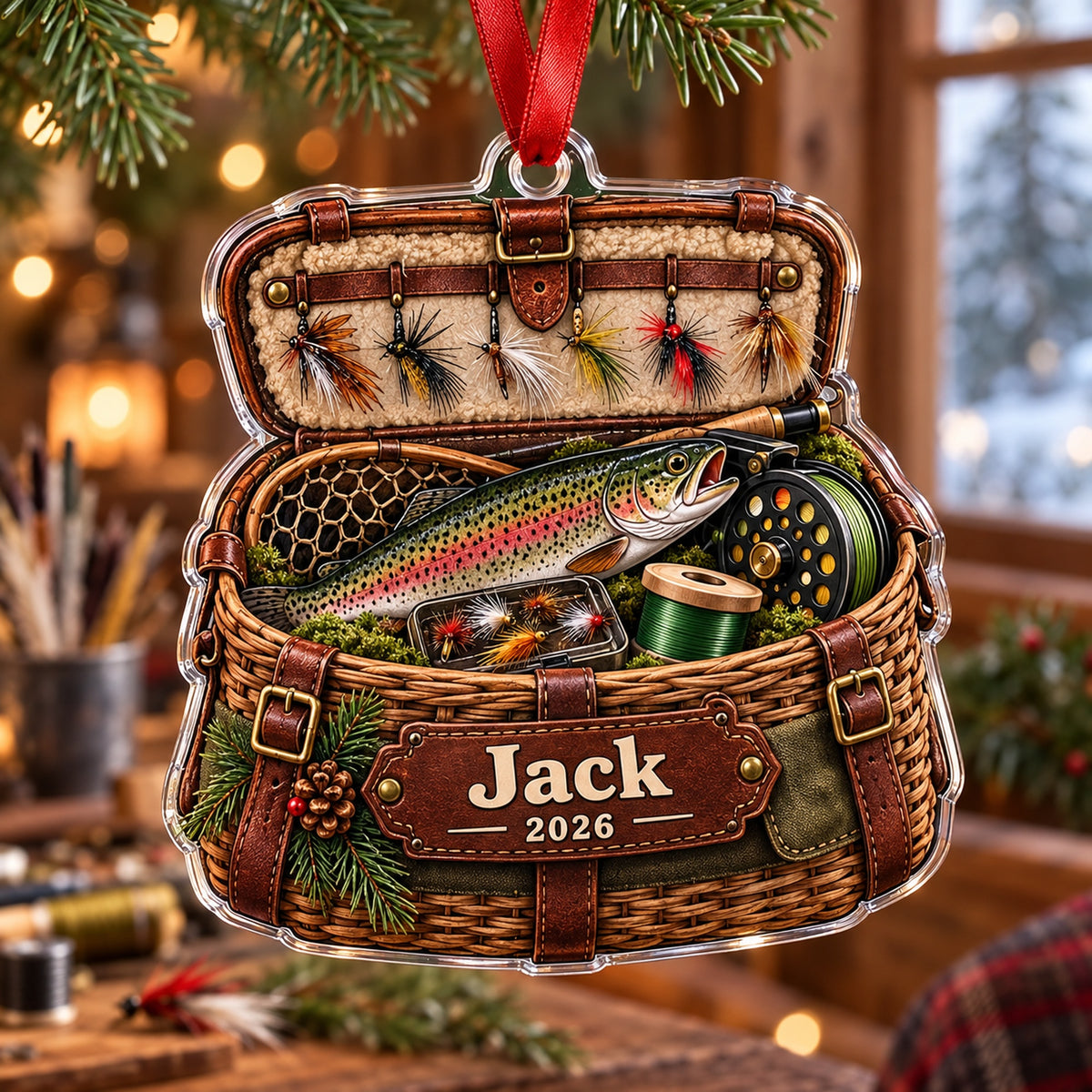 Personalized Fly Fishing Creel Chest Acrylic Ornament — Main design