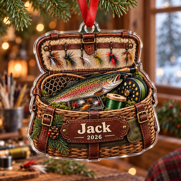 Personalized Fly Fishing Creel Chest Acrylic Ornament — Main design