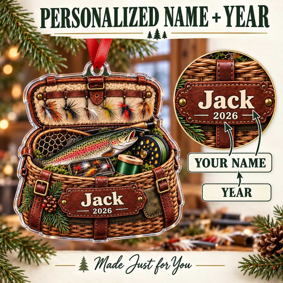 Personalized Fly Fishing Creel Chest Acrylic Ornament — Personalization guide
