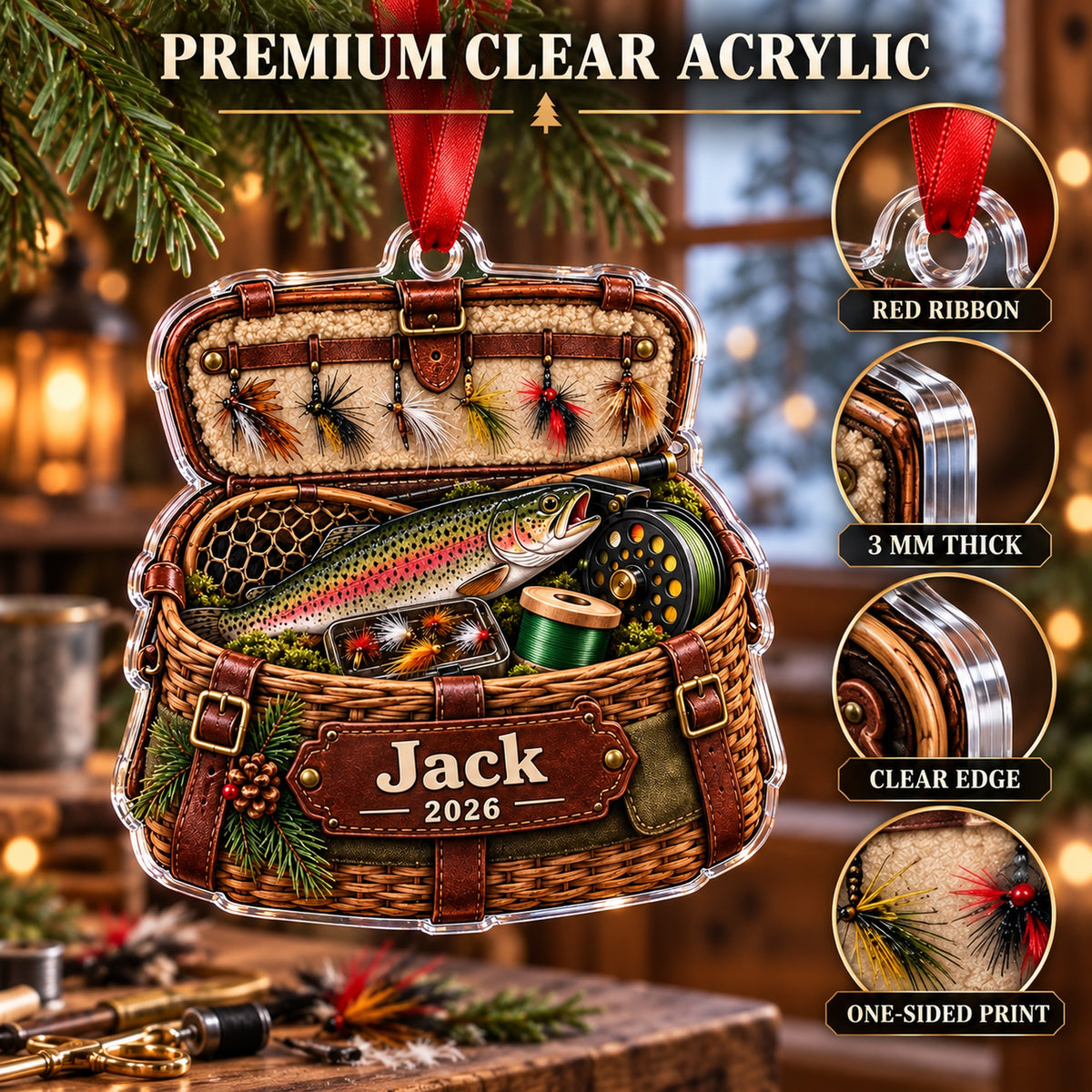 Personalized Fly Fishing Creel Chest Acrylic Ornament — Flat acrylic material