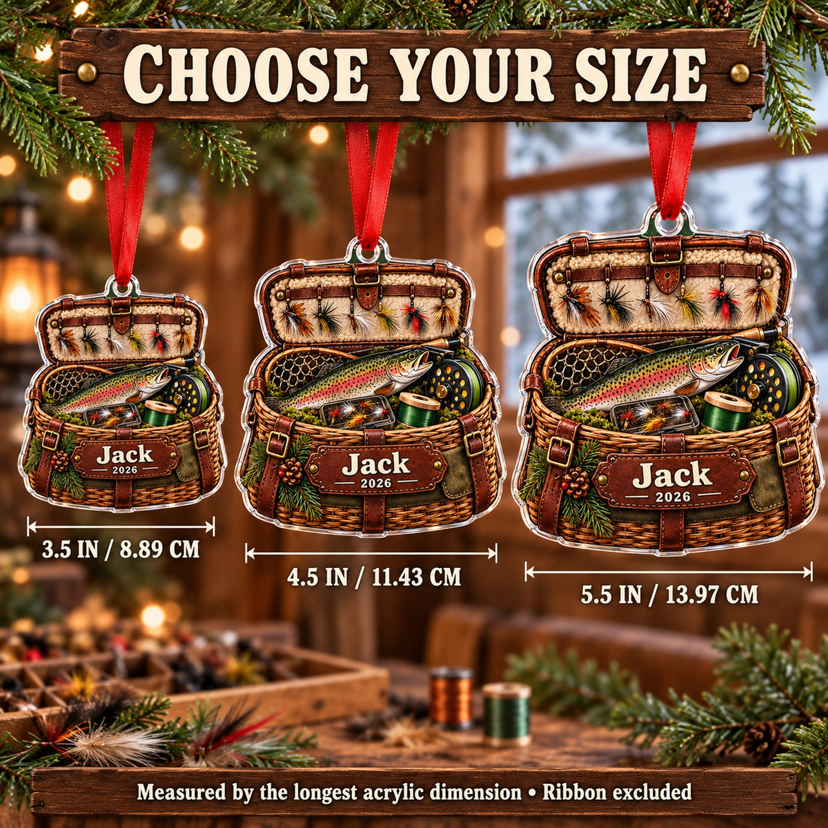 Personalized Fly Fishing Creel Chest Acrylic Ornament — Personalization example