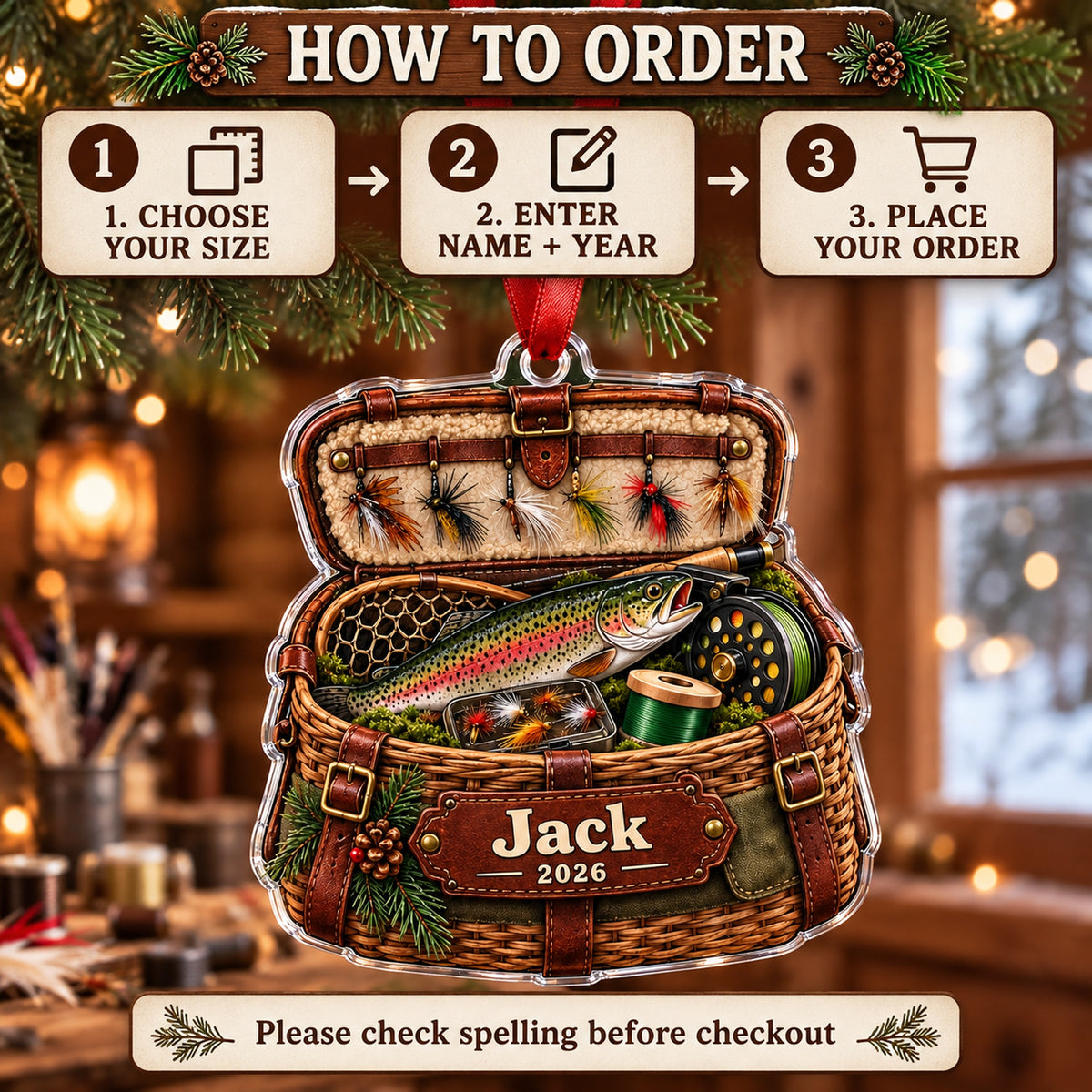 Personalized Fly Fishing Creel Chest Acrylic Ornament — Product details
