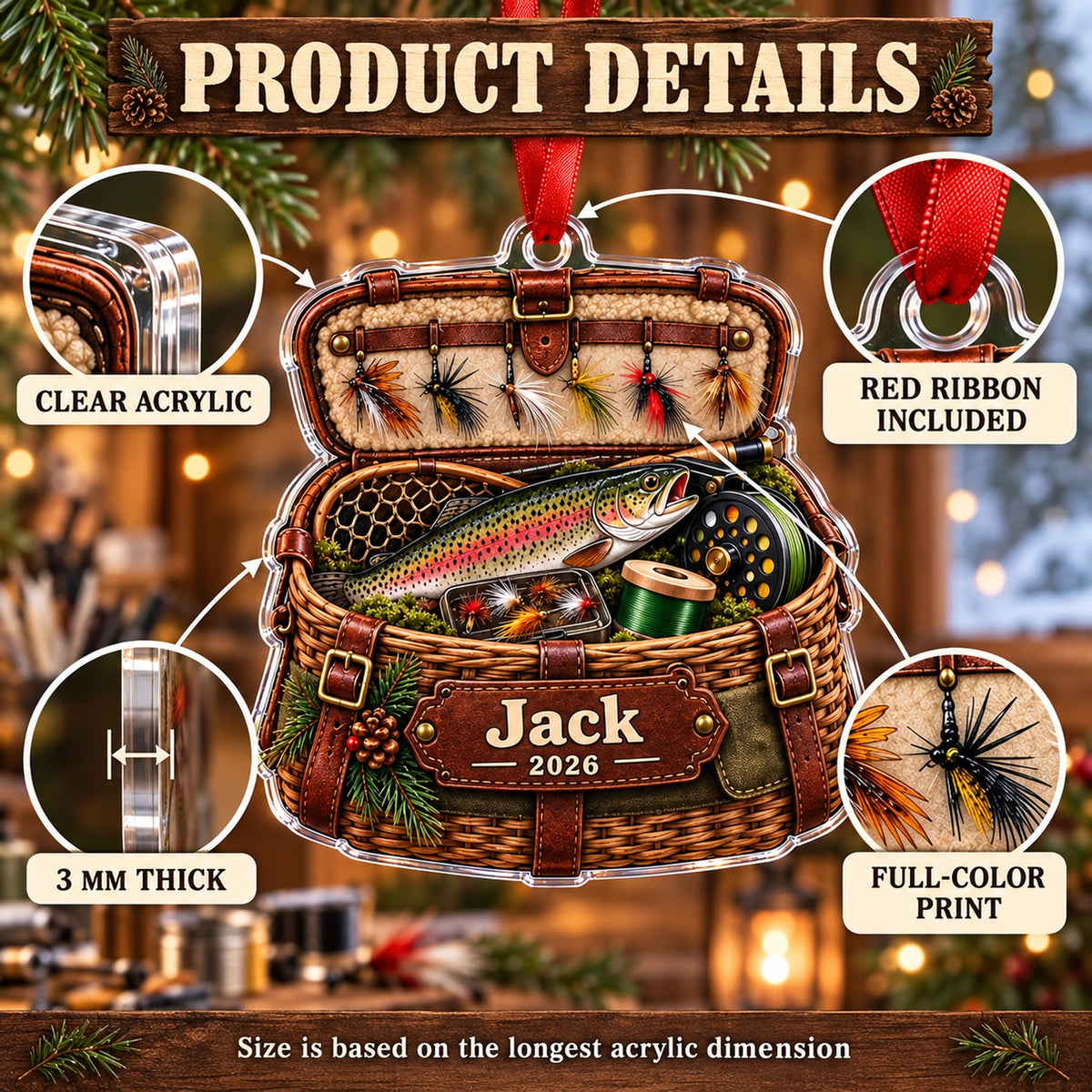 Personalized Fly Fishing Creel Chest Acrylic Ornament — How to order