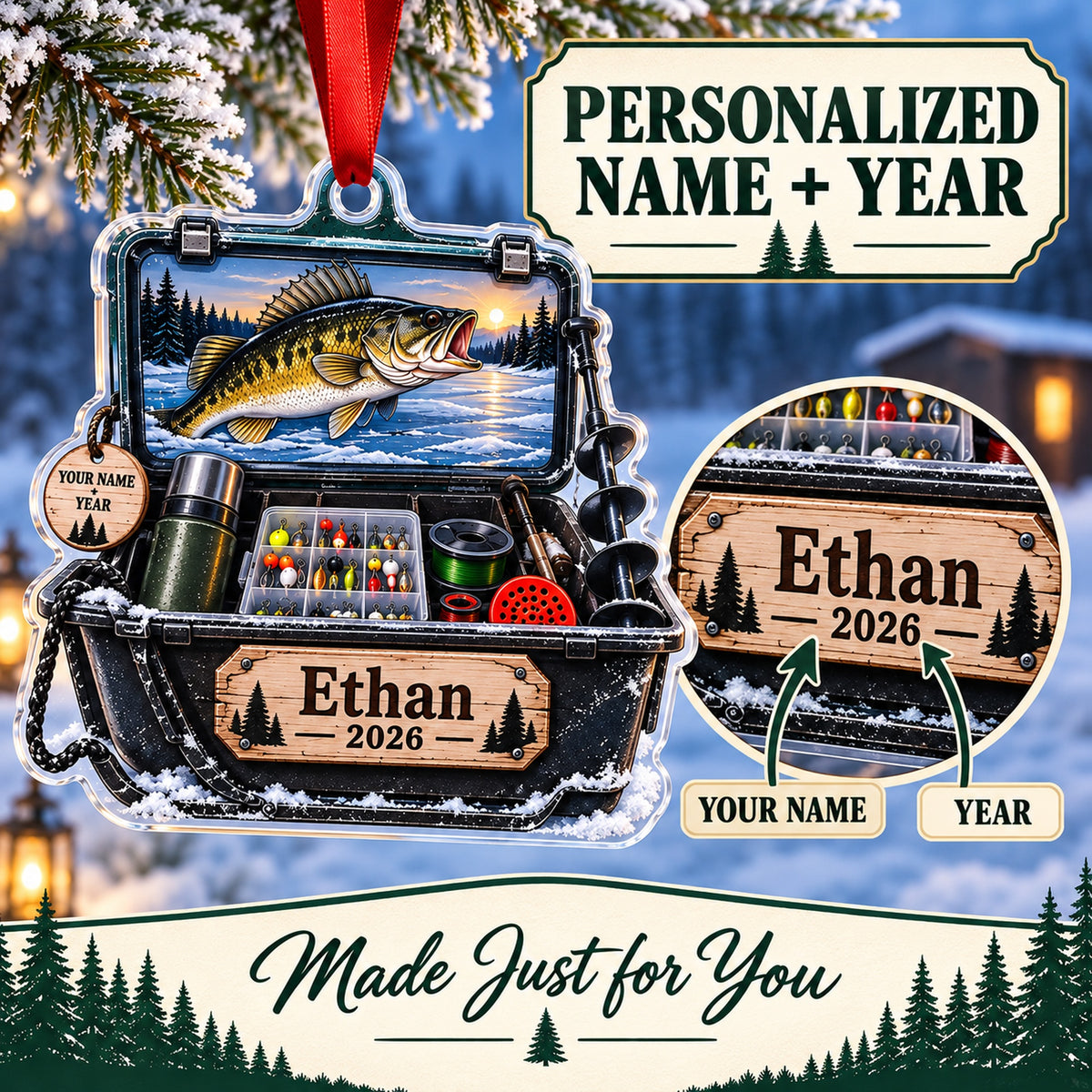 Personalized Ice Fishing Sled Kit Acrylic Ornament — Personalization guide