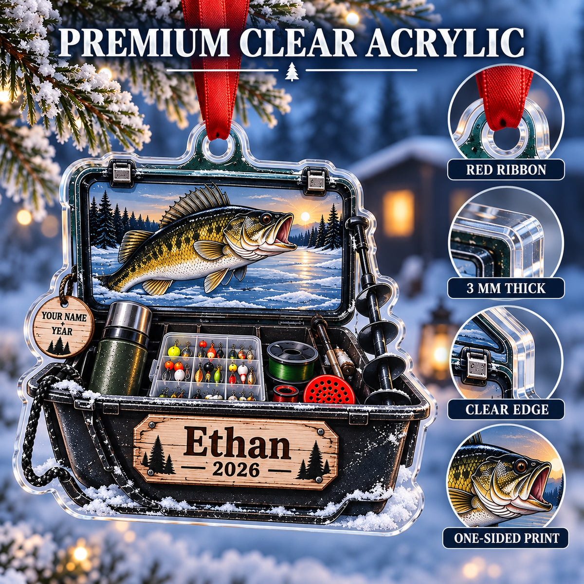 Personalized Ice Fishing Sled Kit Acrylic Ornament — Flat acrylic material
