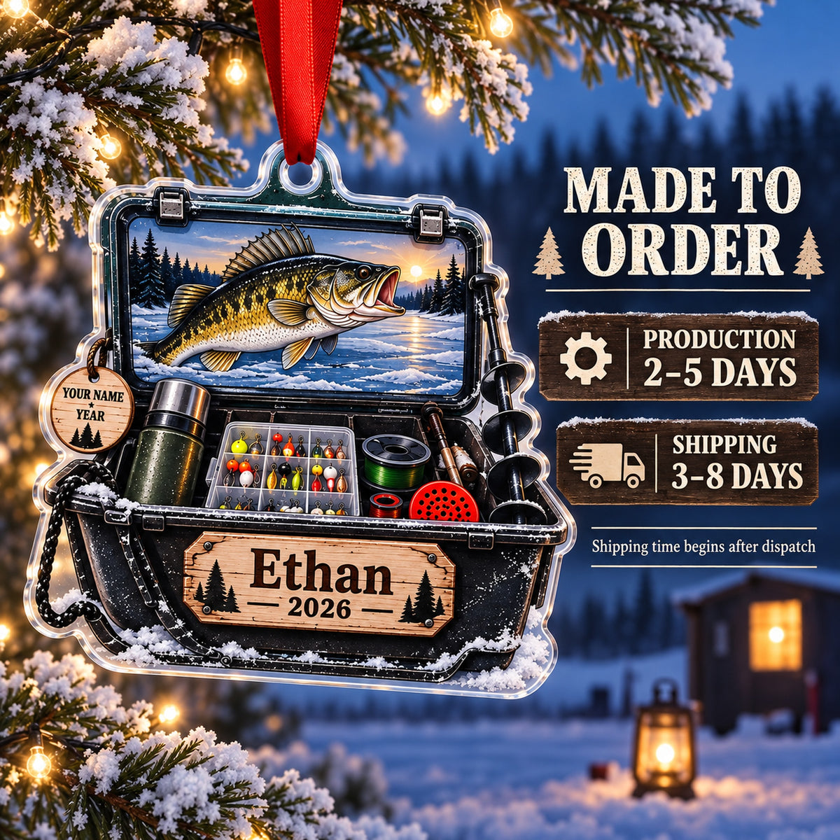 Personalized Ice Fishing Sled Kit Acrylic Ornament — Production and delivery