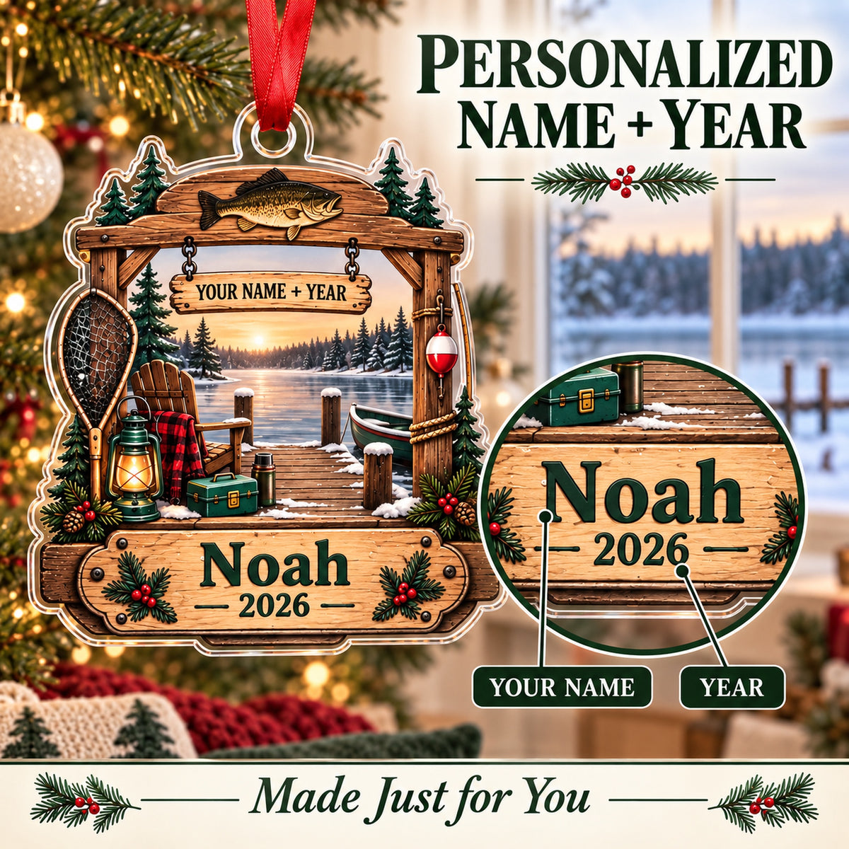 Personalized First Catch Dock Keepsake Acrylic Ornament — Personalization guide