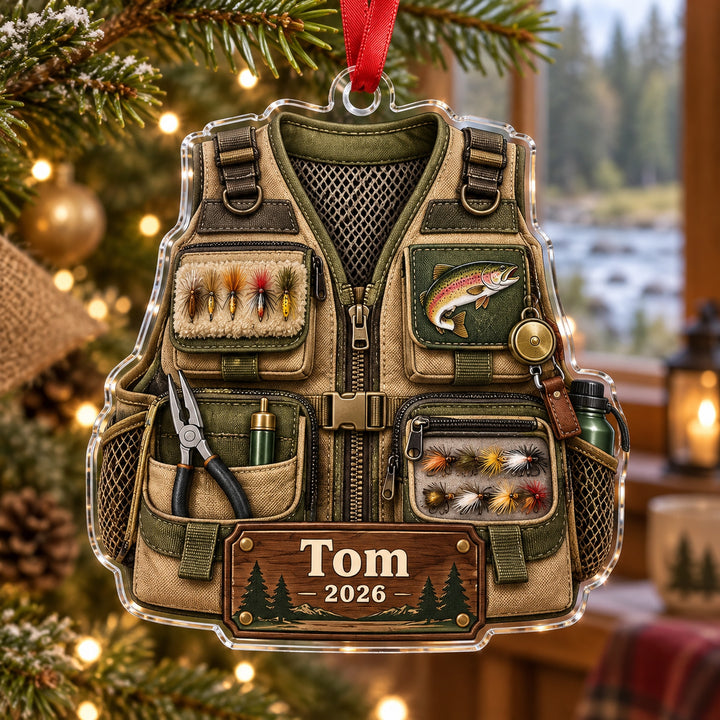 Personalized Trout River Fishing Vest Acrylic Ornament — Main design