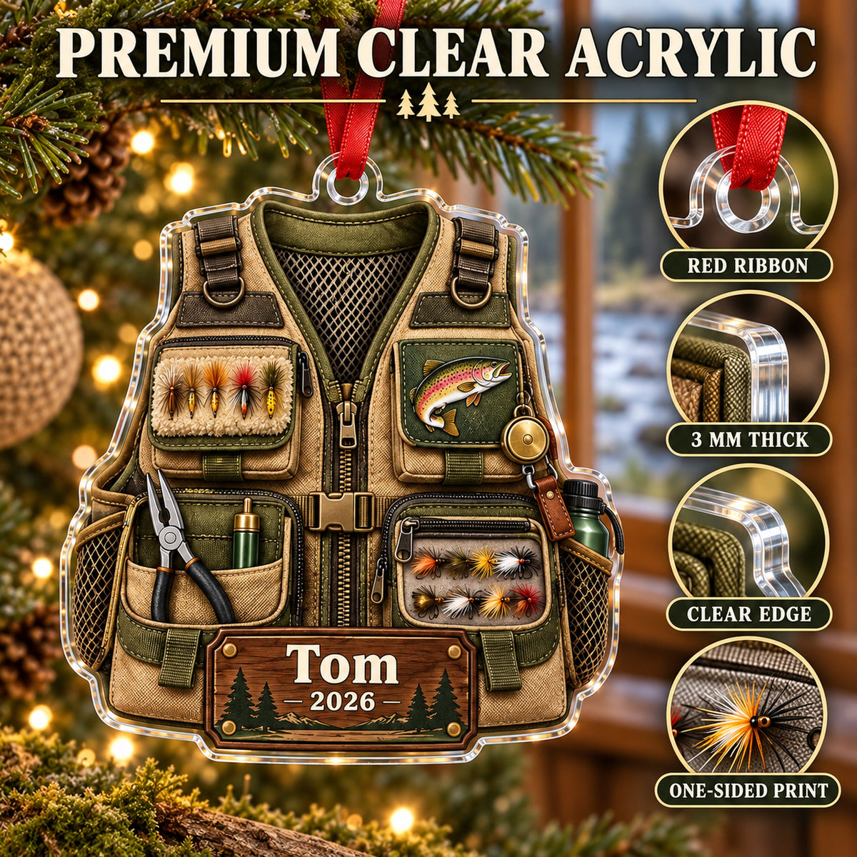 Personalized Trout River Fishing Vest Acrylic Ornament — Flat acrylic material