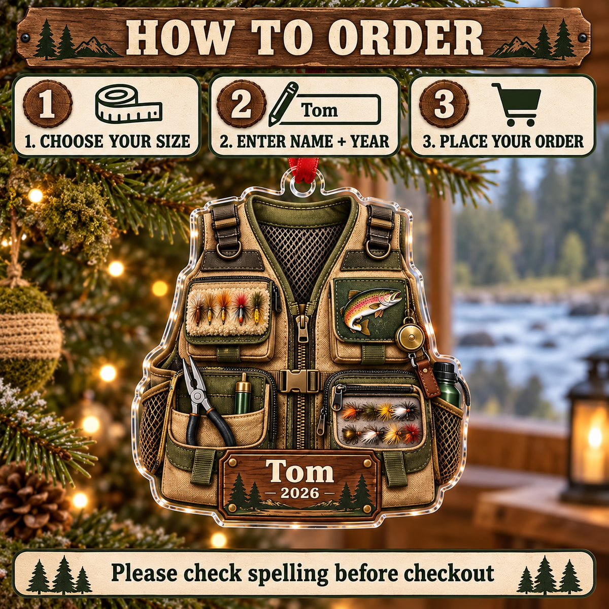 Personalized Trout River Fishing Vest Acrylic Ornament — Product details