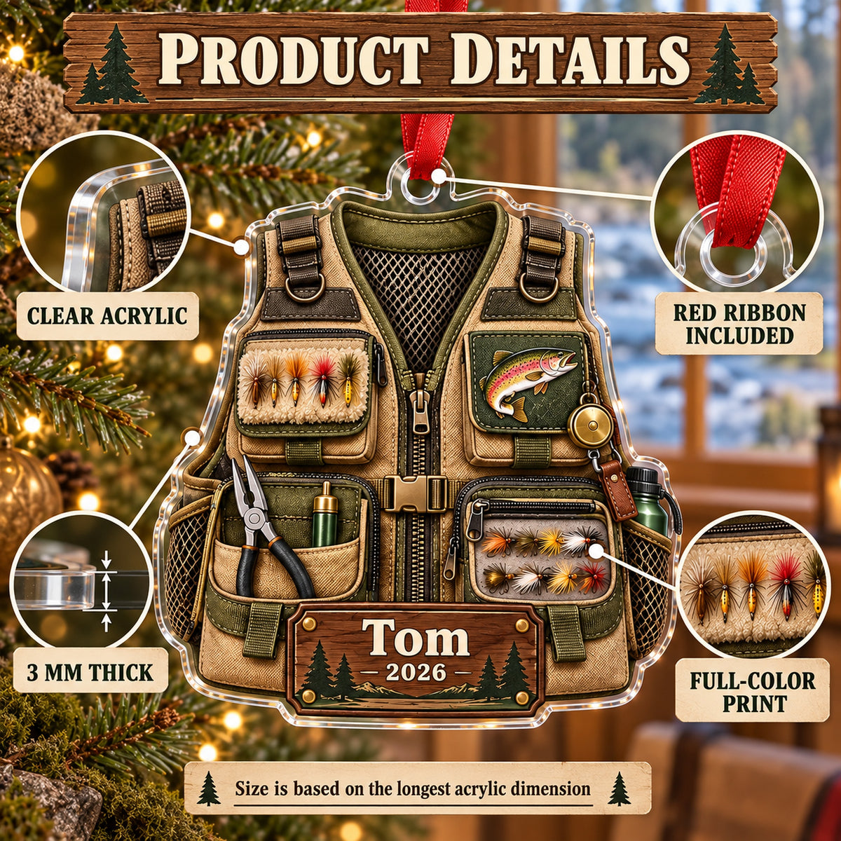 Personalized Trout River Fishing Vest Acrylic Ornament — How to order