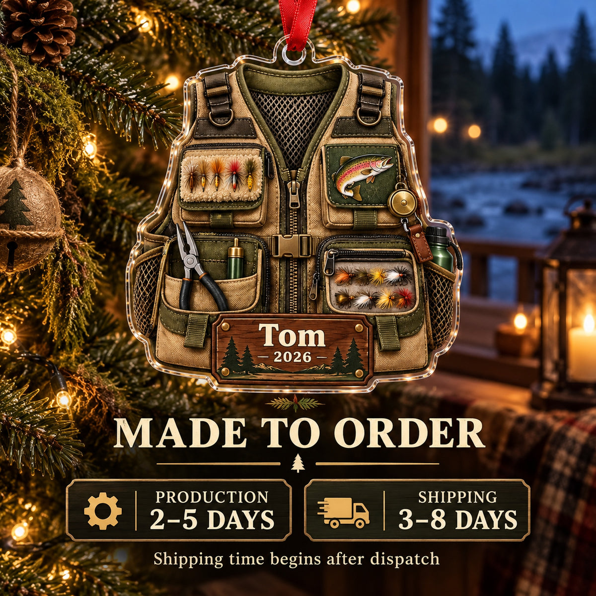 Personalized Trout River Fishing Vest Acrylic Ornament — Production and delivery