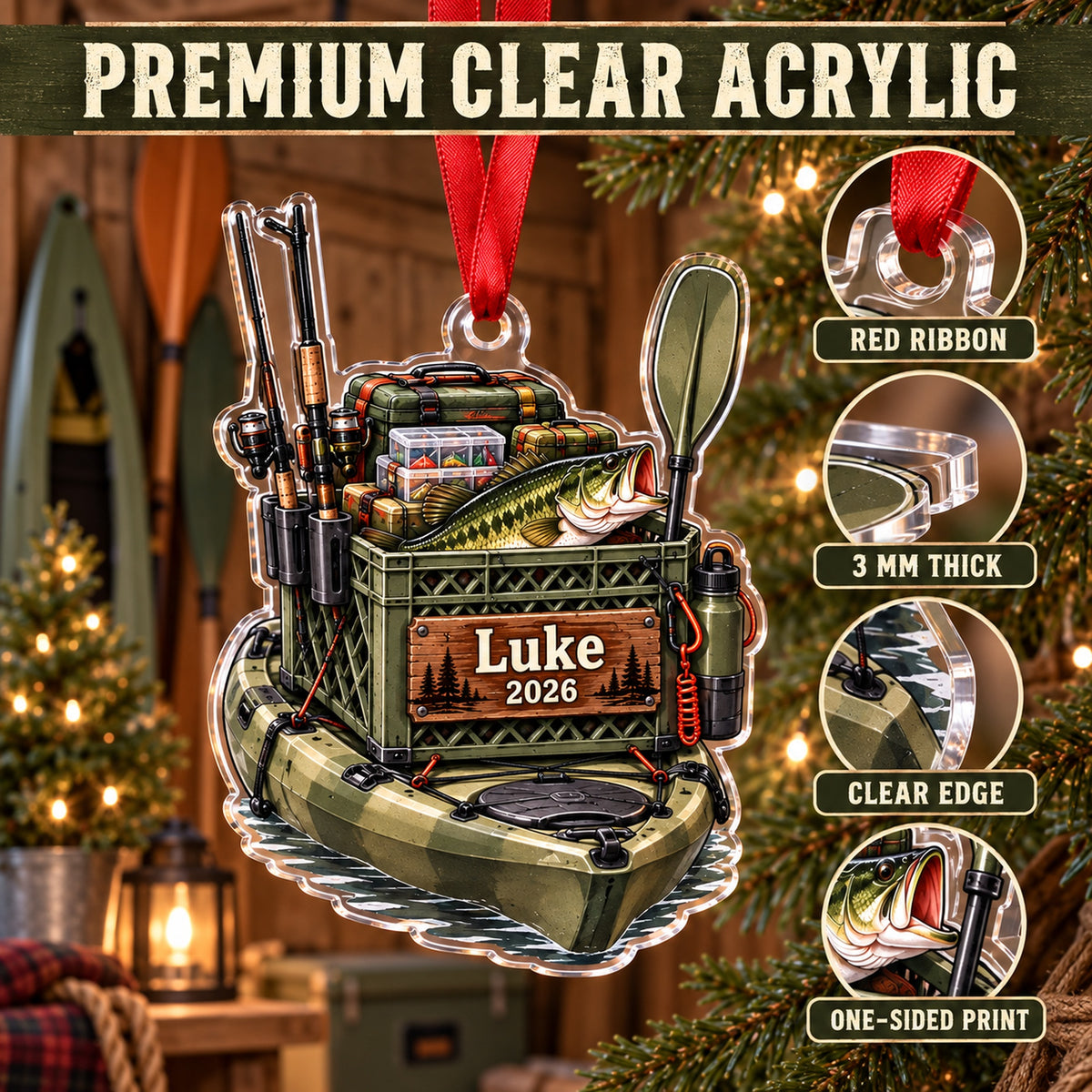 Personalized Kayak Fishing Crate Acrylic Ornament — Flat acrylic material