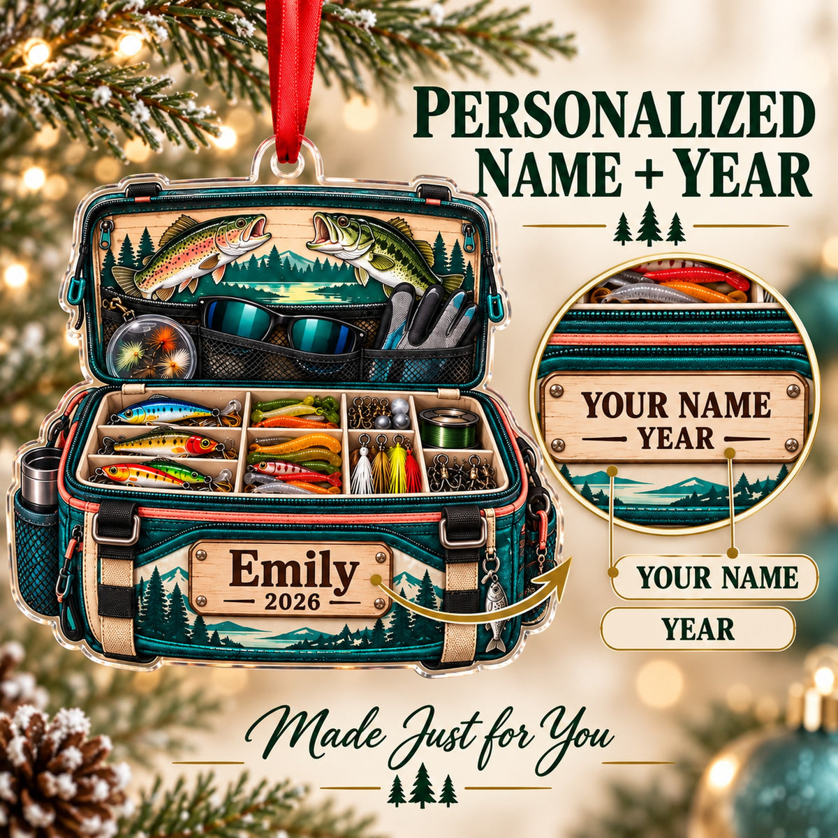 Personalized Lady Angler Tackle Bag Acrylic Ornament — Personalization guide
