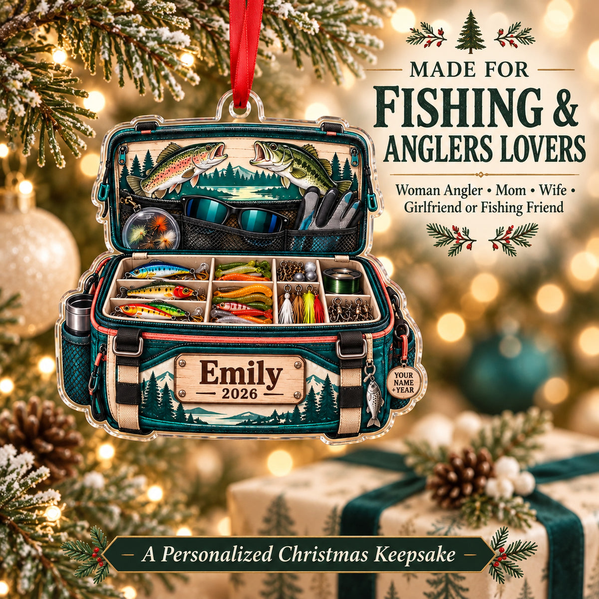 Personalized Lady Angler Tackle Bag Acrylic Ornament — Size guide