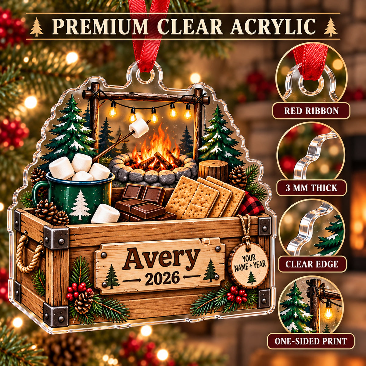 Personalized Smores Campfire Kit Acrylic Ornament — Flat acrylic material