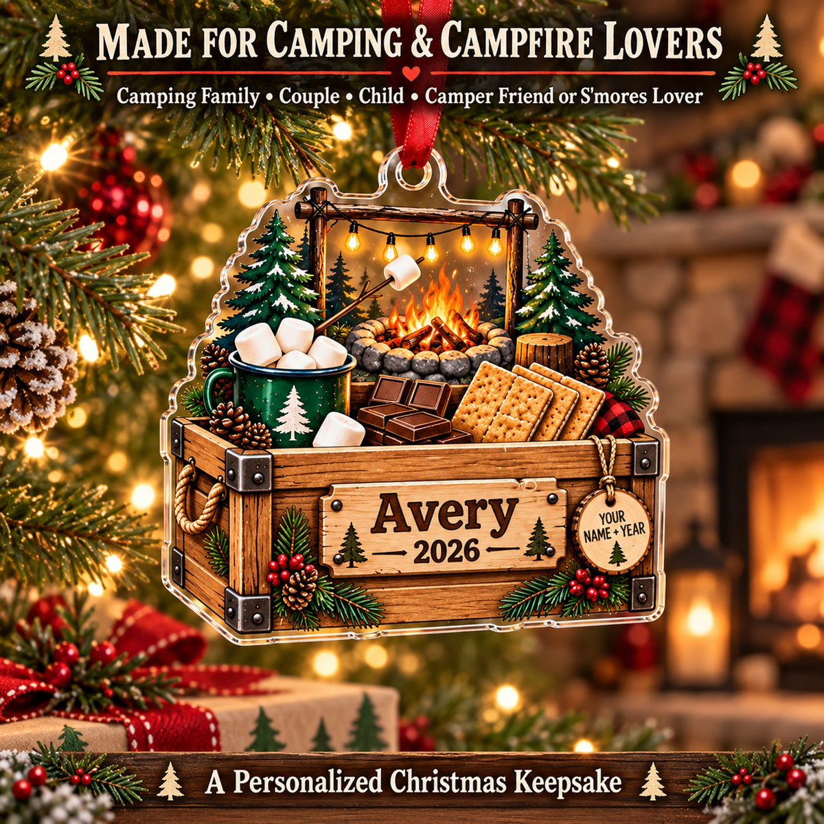 Personalized Smores Campfire Kit Acrylic Ornament — Size guide