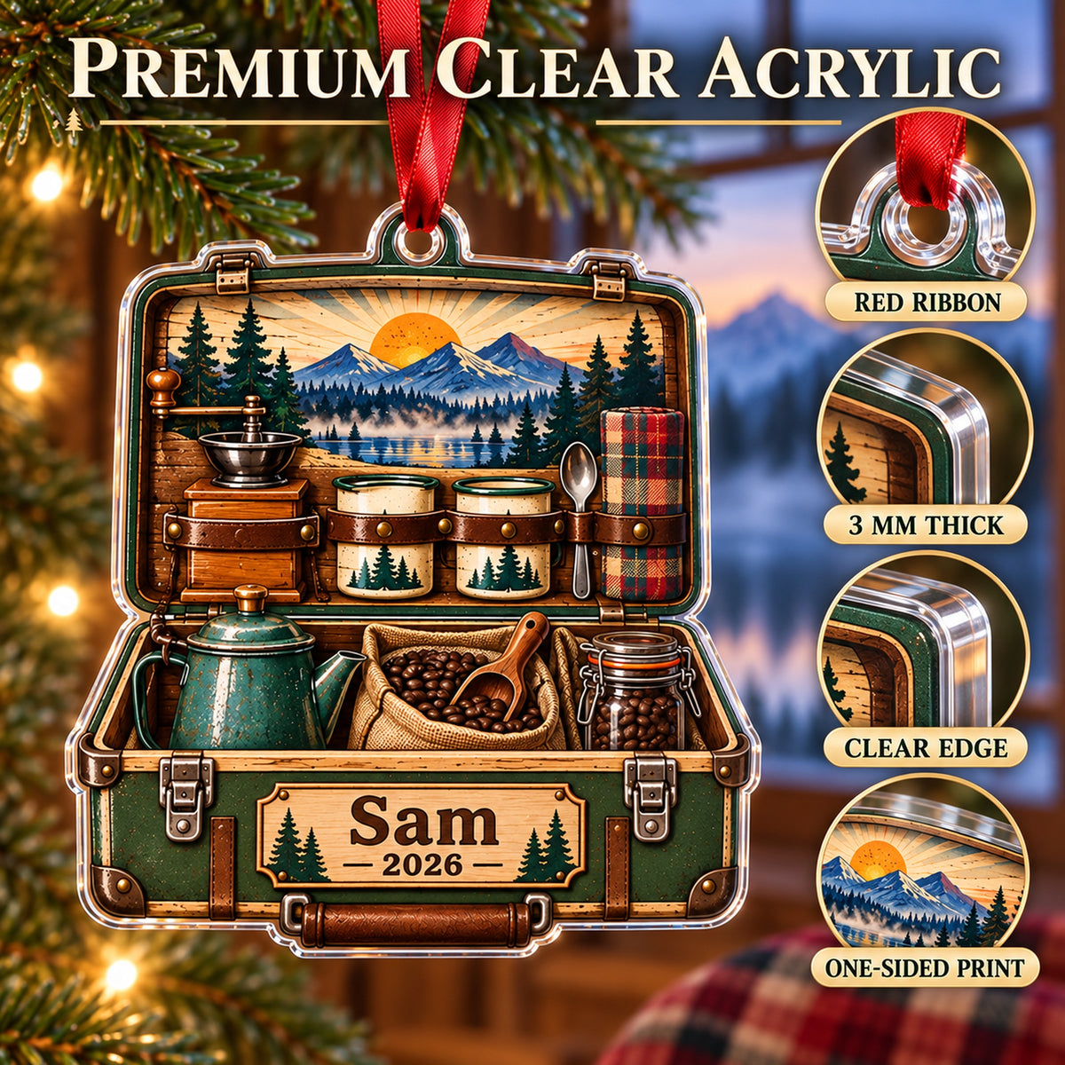 Personalized Camp Coffee Morning Box Acrylic Ornament — Flat acrylic material