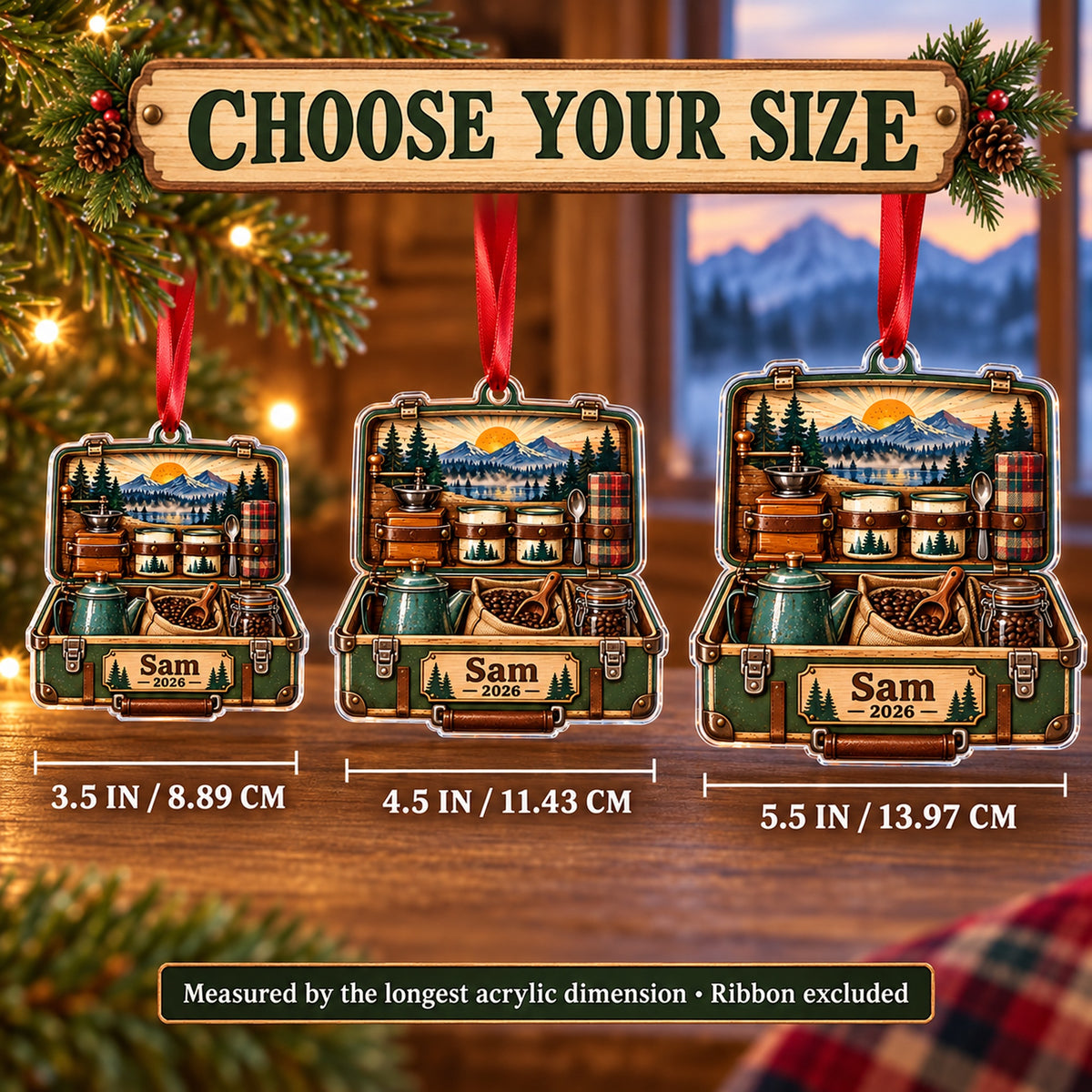 Personalized Camp Coffee Morning Box Acrylic Ornament — Personalization example