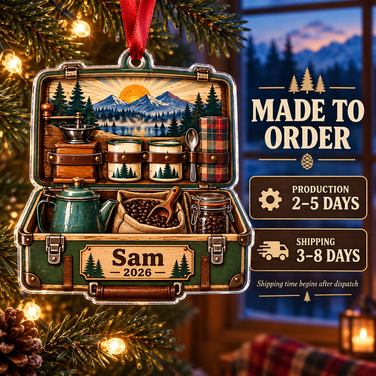 Personalized Camp Coffee Morning Box Acrylic Ornament — Production and delivery