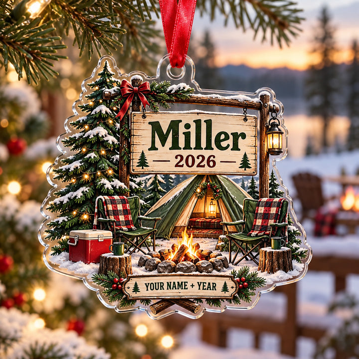 Personalized Family Campsite Sign Acrylic Ornament — Main design